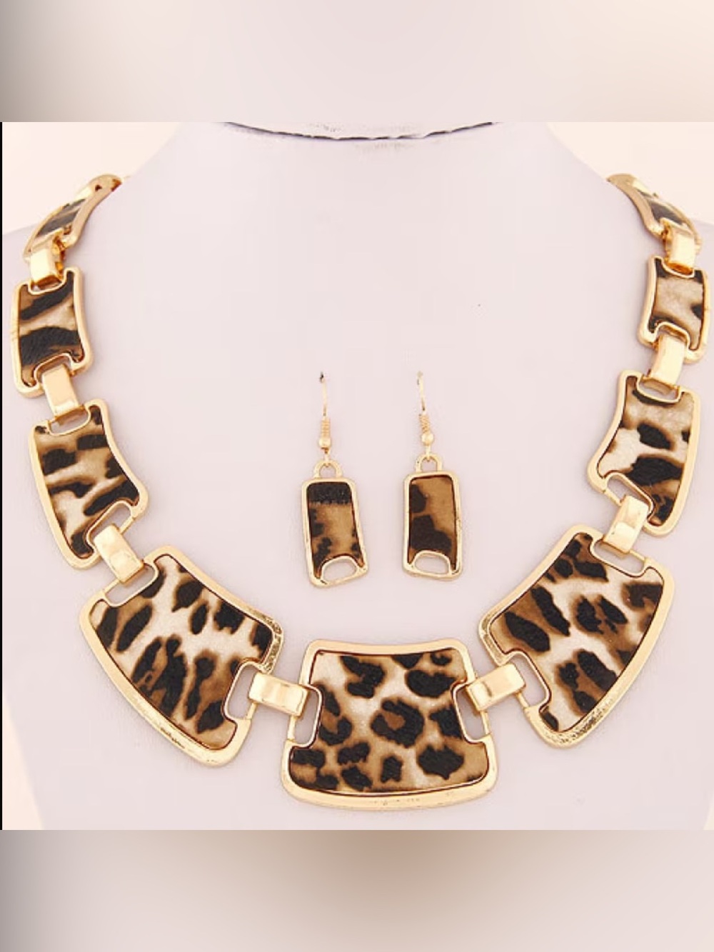 Gold Leopard Print Statement Necklace and Earring Set
